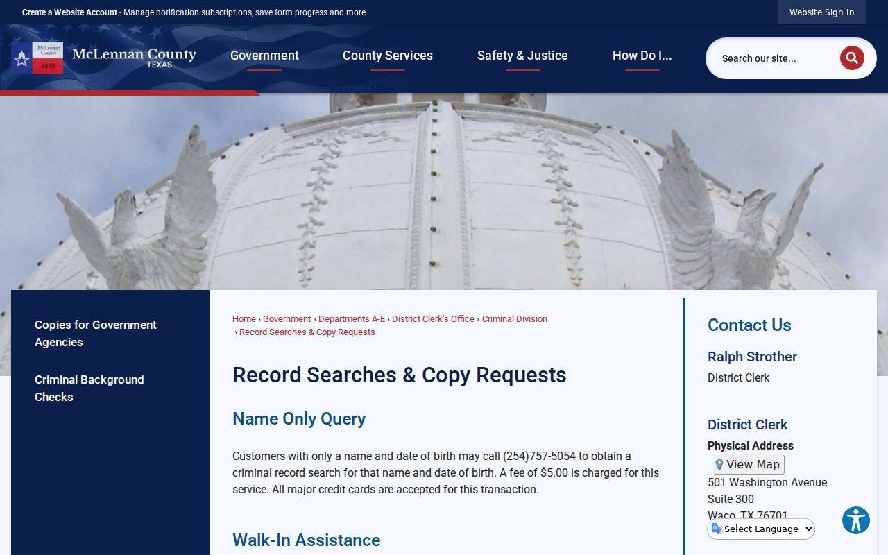 McLennan County residents directory District Clerk records request