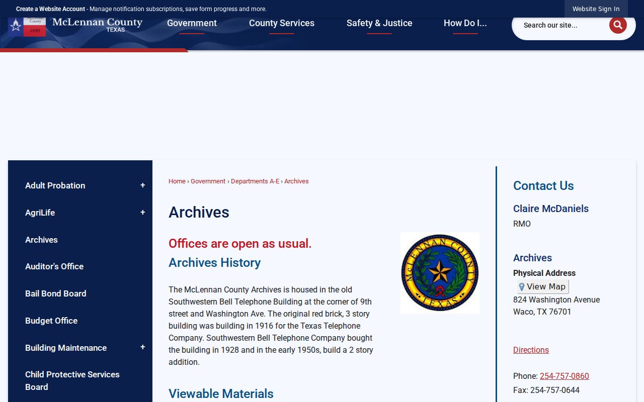 McLennan County previous residents research at County Archives