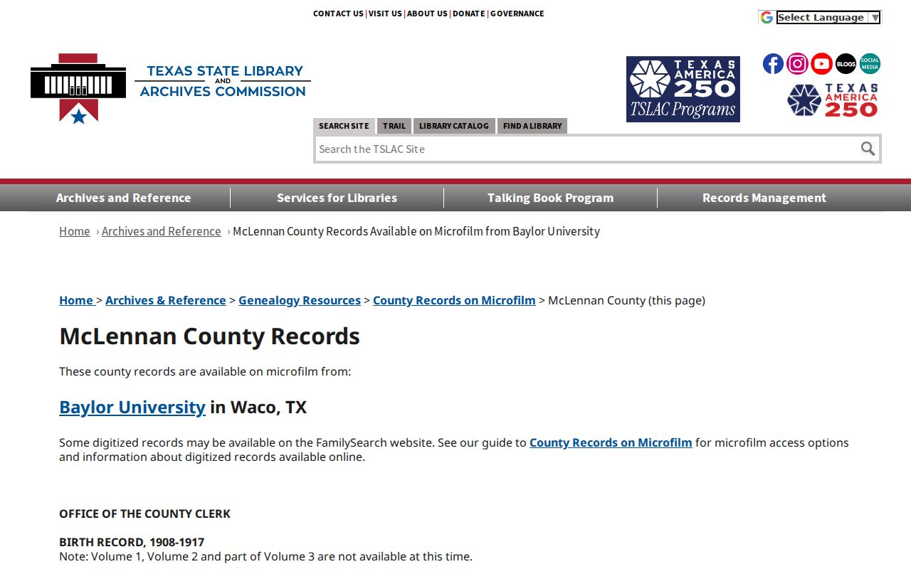 McLennan County previous residents TSLAC historical records inventory